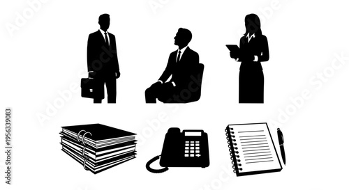 Business professionals and office supplies in black silhouette on white background