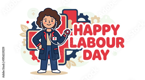 Celebrating Labour Day with cheerful healthcare worker illustration emphasizing appreciation and dedication to workers across