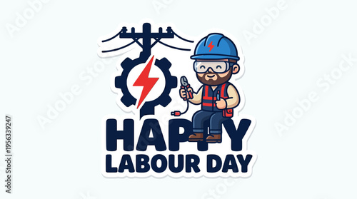 Celebrating Labour Day with a cartoon electrician character working on power lines and gear to honor workers' contributions and