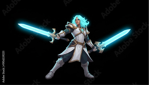 Fantasy Female Warrior Holding Dual Glowing Magic Swords with Blue Hair