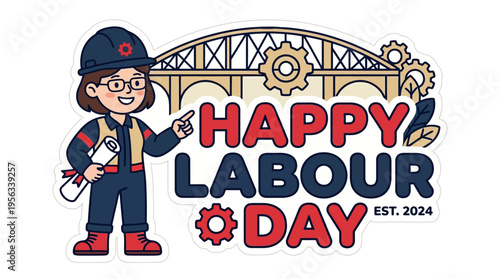 Celebrating Labour Day with a cheerful female construction worker illustration and festive industrial background highlighting