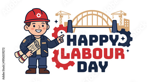 Celebrating Labour Day with a cheerful construction worker holding plans amidst a backdrop of cranes and buildings emphasizing