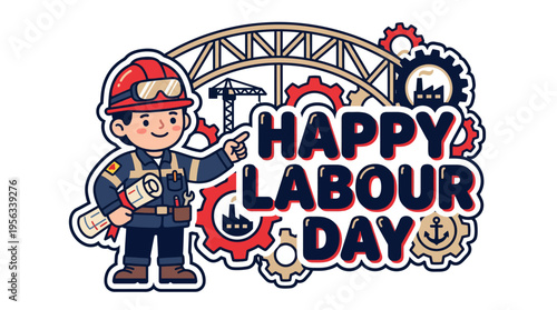Celebration of Labour Day with a cartoon construction worker amidst industrial gears and scenic background illustrating
