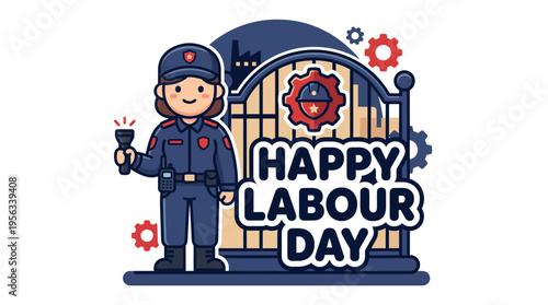 Celebrate Labour Day with a cheerful cartoon police officer in front of a festive gate