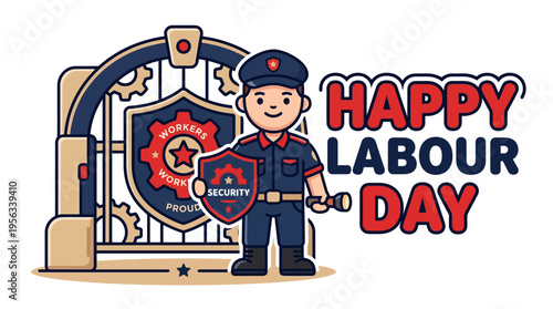 Celebrating Labour Day with a Security Officer Guarding Industrial Gears and Emblem in a Festive Cartoon Illustration