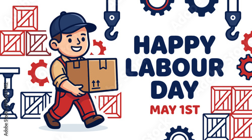 Celebrating Labour Day with a cheerful worker carrying a box amidst industrial background
