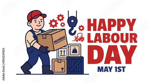 Celebrating Labour Day with a Happy Worker Carrying a Box and Managing Boxes