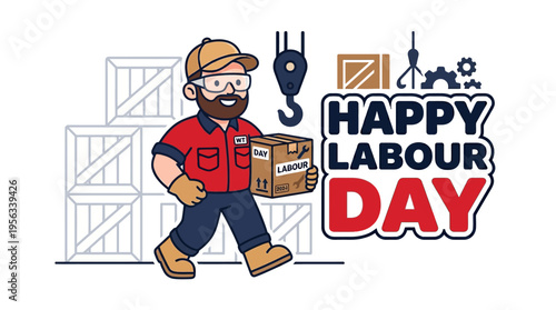 Celebrating Labour Day with a cheerful worker holding a crate amidst industrial background