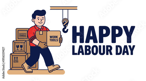 Celebrating Labour Day with a cheerful worker holding tools amid stacked boxes and a lifting crane in a vibrant digital