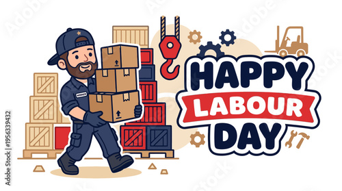 Celebrating Labour Day with a Cartoon Worker Carrying Boxes and Manufacturing Equipment
