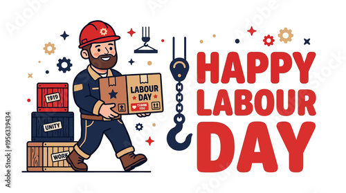 Joyful worker celebrating Labour Day with cardboard boxes and industrial gear in cheerful colorful illustration