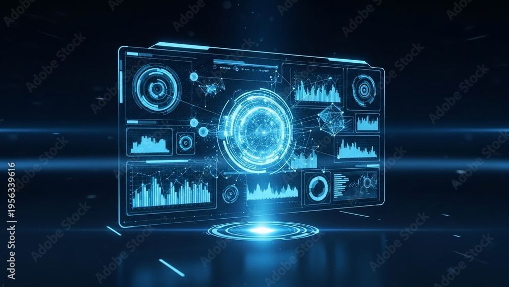 Fototapeta premium Futuristic Digital Interface with Glowing Blue Data Visualizations and Charts
