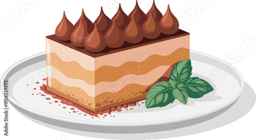 Elegant layered tiramisu dessert slice on white plate with alternating cream layers, chocolate mousse topping, cocoa powder garnish and fresh mint leaves, gourmet sweet food illustration