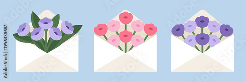 Envelopes with colorful flowers inside  bouquets in mail