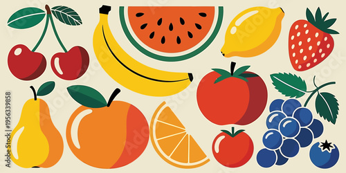Colorful illustration of various fresh fruits on beige background