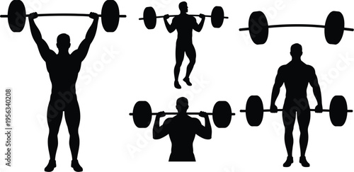 Weightlifting poses illustration, bold black silhouette showing lifting movements