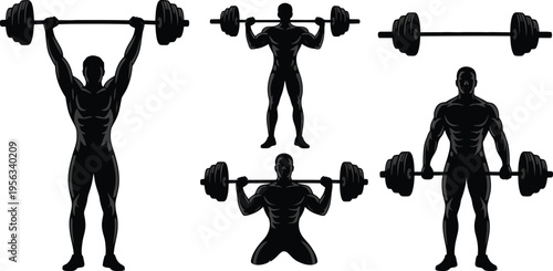 Weightlifting poses illustration, bold black silhouette showing lifting movements