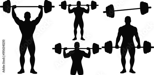 Weightlifting poses illustration, bold black silhouette showing lifting movements