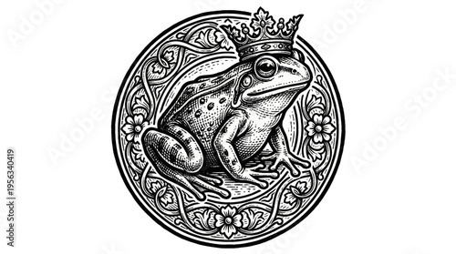 Regal Frog Crown and Ornate Circular Frame in Detailed BlackandWhite Illustration Viewed Frontally