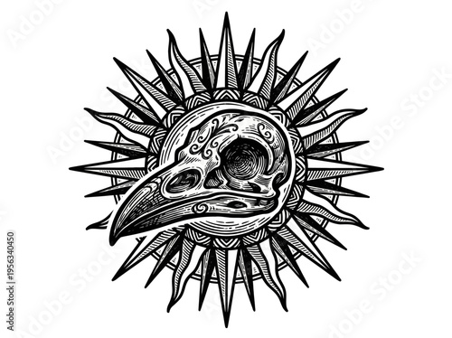 Viewing a detailed bird skull illustration within concentric spiked circles, captured from a frontal perspective in a stark white studio setting