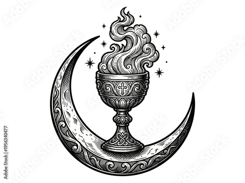 Ornate chalice resting on a crescent moon amid swirling smoke and stars, captured in a detailed black‑white illustration from a frontal viewpoint