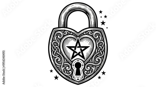 Close-up illustration of an ornate heart-shaped padlock with pentagram and stars, black line art on white background, viewed from front perspective