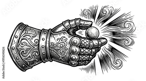 Close-up view of a medieval gauntlet gripping a sphere, showcasing ornate rivets and magical armor motifs in a stark white illustration