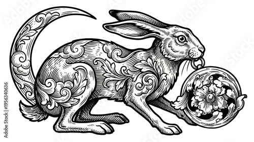 Whimsical Rabbit Holding Decorative Ball in Monochrome Line Drawing, Seen from Side View, Emphasizing Intricate Knotwork Patterns