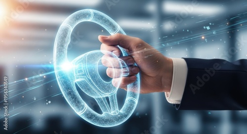 Closeup Businessman Hand interacting with virtual steering wheel, representing driving business, taking control, leadership, and piloting strategy.