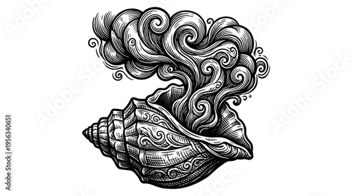 A mysticism‑inspired black-and-white illustration of a conch shell releasing swirling smoke, viewed from the side in a minimalist white environment
