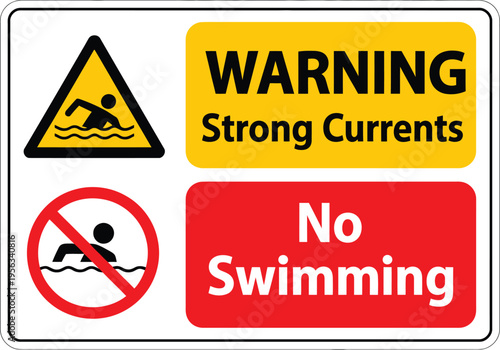 Warning strong current no swimming sign, hazard alert symbol, isolated vector illustration on white background, safety precaution label, clean EPS10 design.