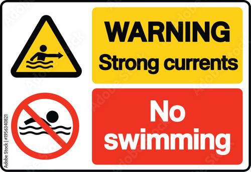 Warning strong current no swimming sign, hazard alert symbol, isolated vector illustration on white background, safety precaution label, clean EPS10 design.