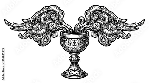 Elegant black-and-white illustration of a winged chalice with ornate symmetry, centered view highlighting intricate design and spiritual aura