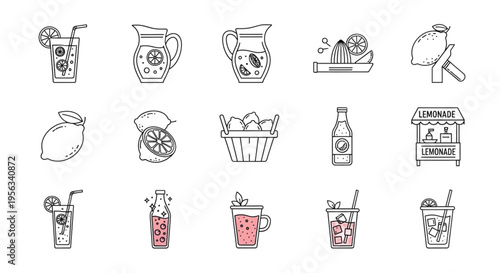 Lemonade Line Icon Set Outline Citrus Drink Juice Stand Glass Bottle Minimal Vector Collection Isolated