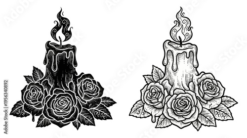 Side-by-side black-white line drawing of a candle with flame and three roses on plain background viewed from a frontal perspective