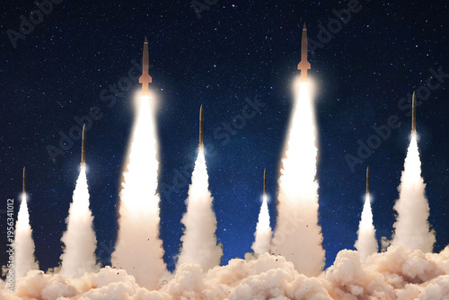 diverse ballistic missiles being launched simultaneously at night under a starry sky, depicting a strategic missile strike scenario involving Iran, with massive plumes of smoke and light. War