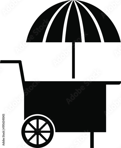 Black minimalist food cart silhouette icon with a striped umbrella and spoke wheel on white background for street food vendor and outdoor market design.