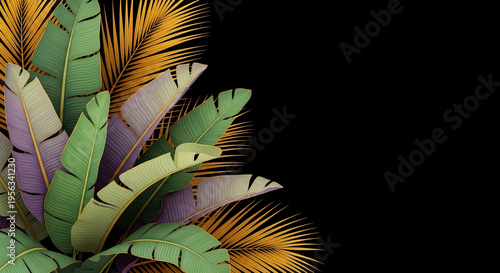Image of green, purple and golden leaves on black. Decorative botanical element, showcasing tropical environment and luxury, perfect for nature themes