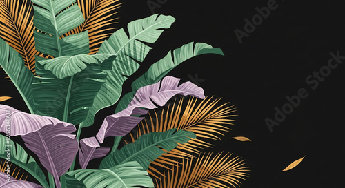 Image of tropical foliage with green, violet, and gold palm leaves on a black background, representing a vibrant and exotic atmosphere