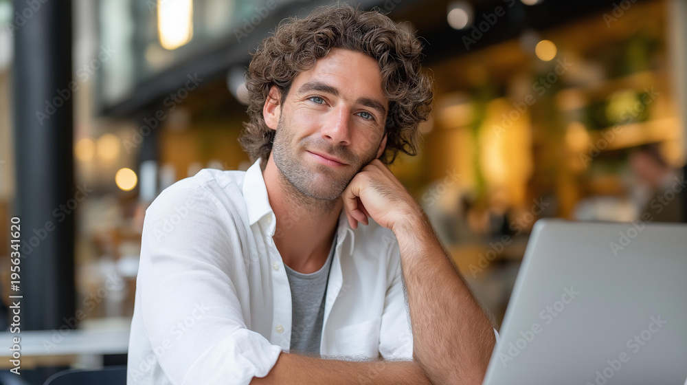 Obraz premium Happy man sitting in a café working on a laptop with a relaxed expression, digital nomad and remote work lifestyle concept, defocused background, with copy space