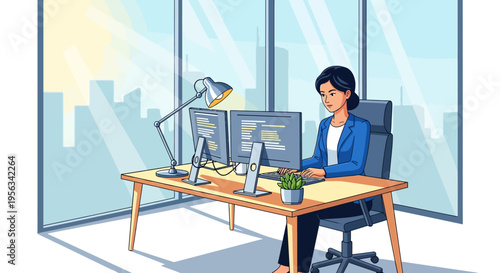 Business Woman Typing at Dual Monitor Workstation