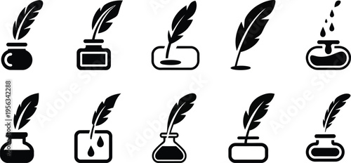 Quill pen illustration, ink bottle vector, assorted classic designs, vintage writing instruments, calligraphy and creative writing symbol, clean flat vector style.