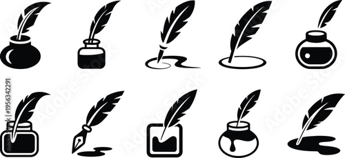 Quill pen illustration, ink bottle vector, assorted classic designs, vintage writing instruments, calligraphy and creative writing symbol, clean flat vector style.