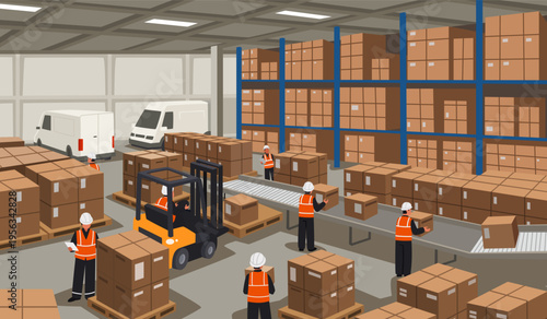 A busy warehouse with workers performing cargo distribution operations