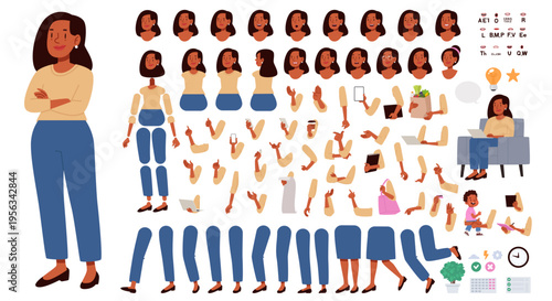 Black woman. A set of arms, legs, head, body positions, and expressions for character creation and animation. DIY kit. Vector illustration in a flat style