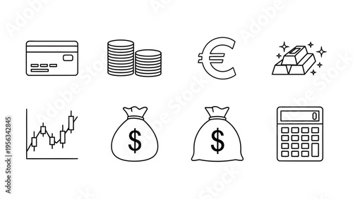 Financial icons including currency calculator and investment symbols