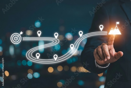 Businessman selecting career path with glowing road map and target icon representing success direction concept