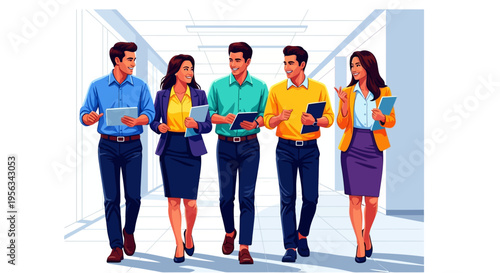 Happy Professionals Walking Through Corporate Hallway