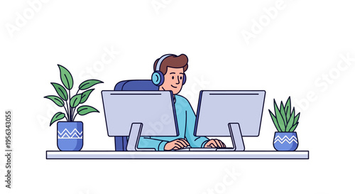 Happy Professional Working at Dual Monitor Desk