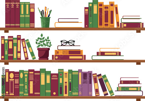 Colorful bookshelf with books and office supplies pencils plant